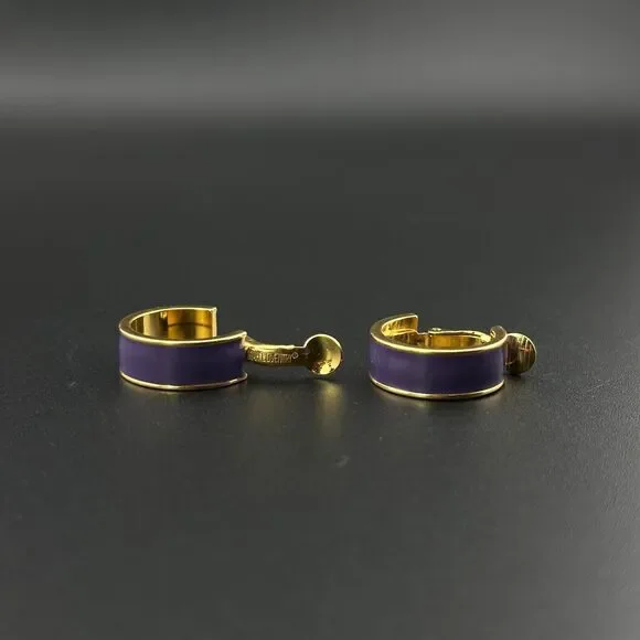 Vintage Sarah Coventry Gold Tone Purple Enamel Hoop Clip On Earrings 3/4" - Picture 11 of 11